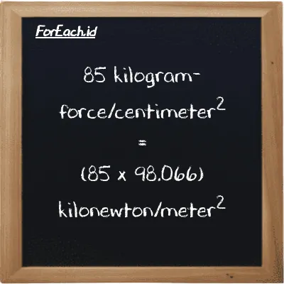 85 kilogram-force/centimeter<sup>2</sup> is equivalent to 8335.6 kilonewton/meter<sup>2</sup> (85 kgf/cm<sup>2</sup> is equivalent to 8335.6 kN/m<sup>2</sup>)